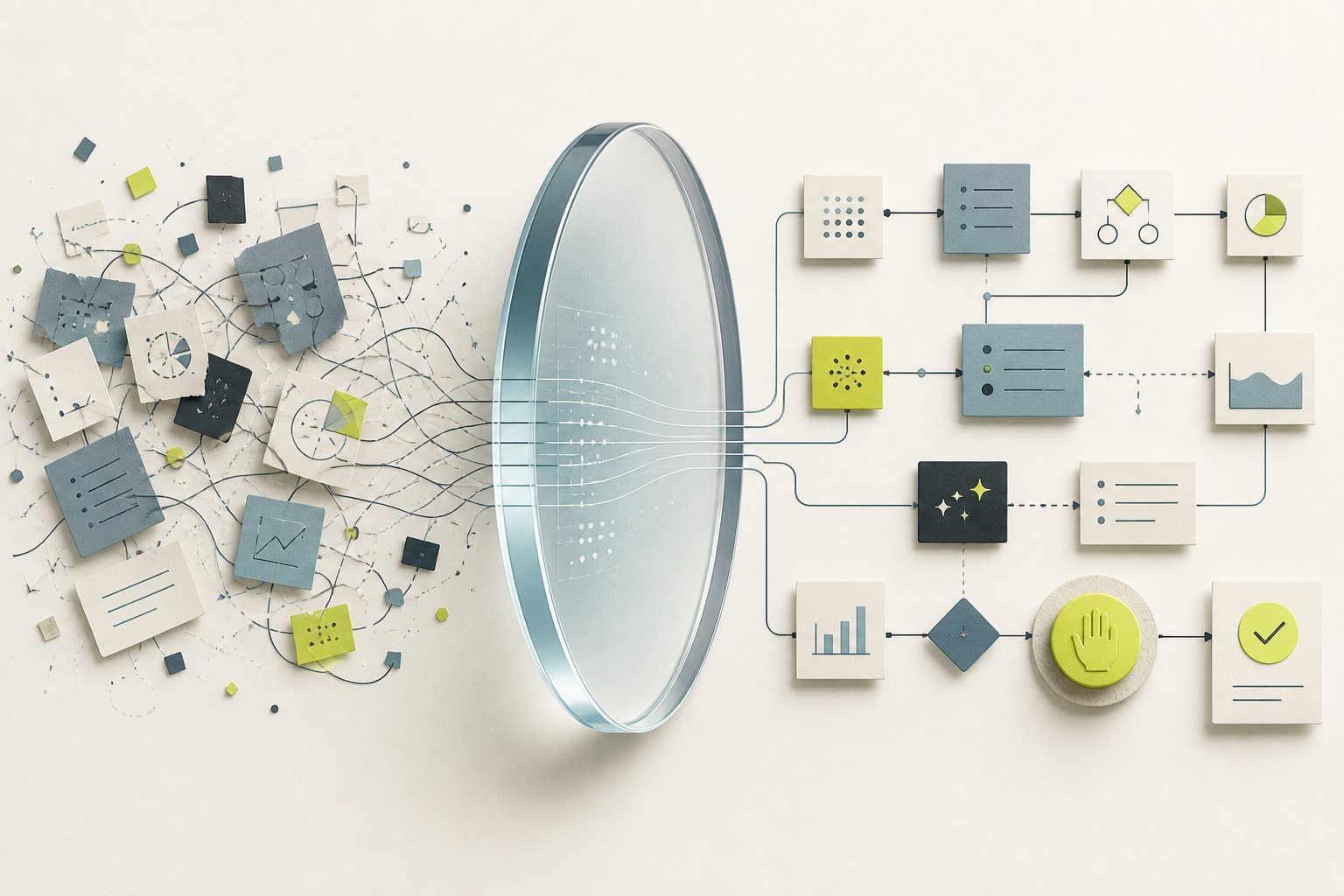 A tangled workflow passing through a lens and becoming a structured, human-reviewed AI process